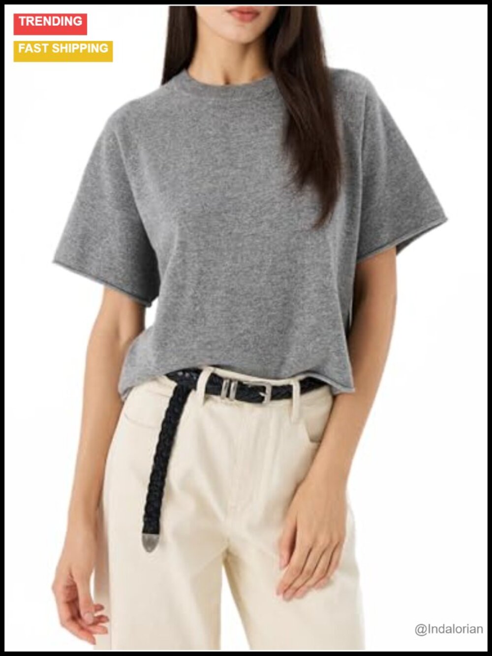 100% Merino Wool Short Sleeve Cropped Sweater Tee Women Lightweight Knit Top